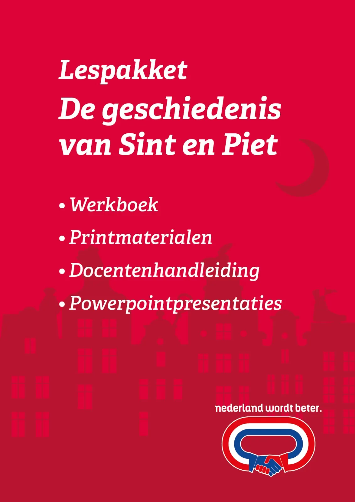 Cover van het lespakket De geschiedenis van Sint en Piet, met werkboek, printmaterialen, docentenhandleiding en powerpointpresentaties