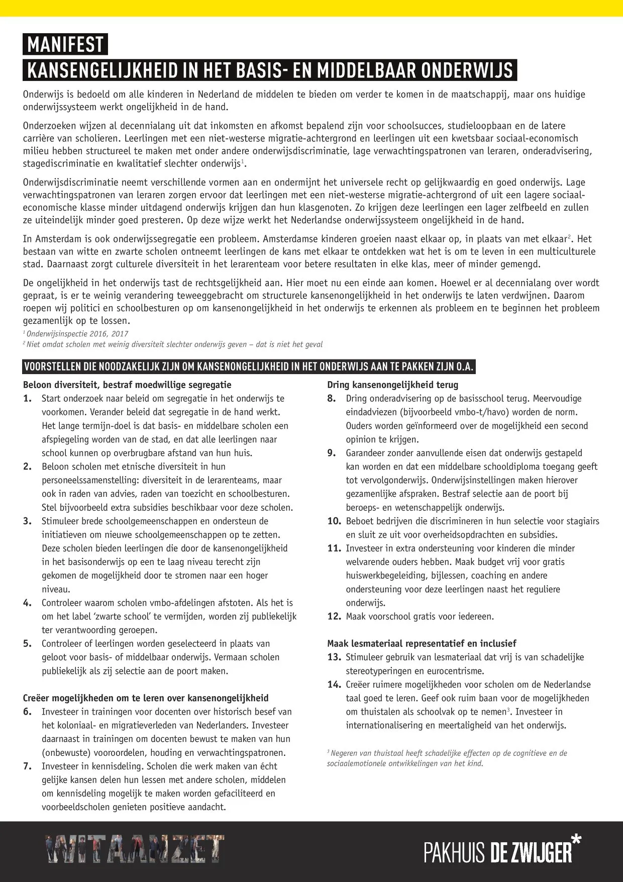 De eerste pagina van het manifest Kansengelijkheid in het Basis- en Middelbaar Onderwijs